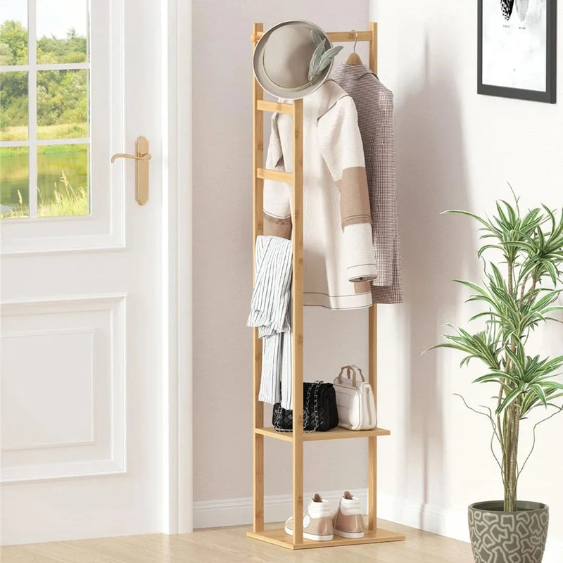 Heavy Duty Freestanding Bamboo Coat Rack with Hooks and Storage Shelves