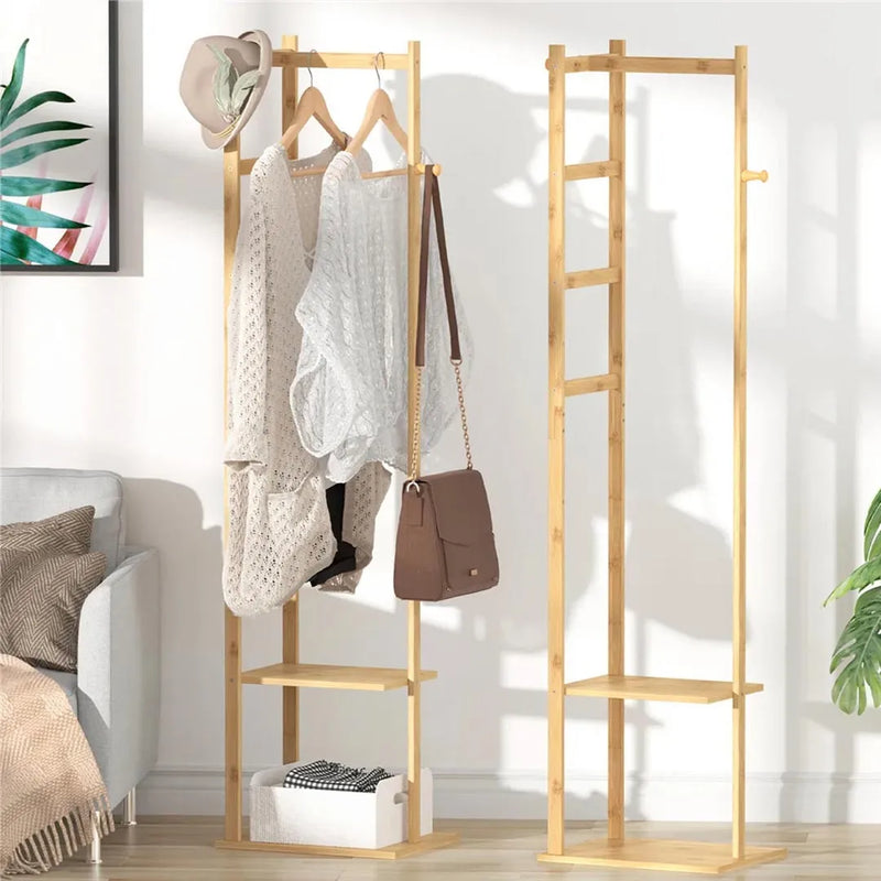 Heavy Duty Freestanding Bamboo Coat Rack with Hooks and Storage Shelves
