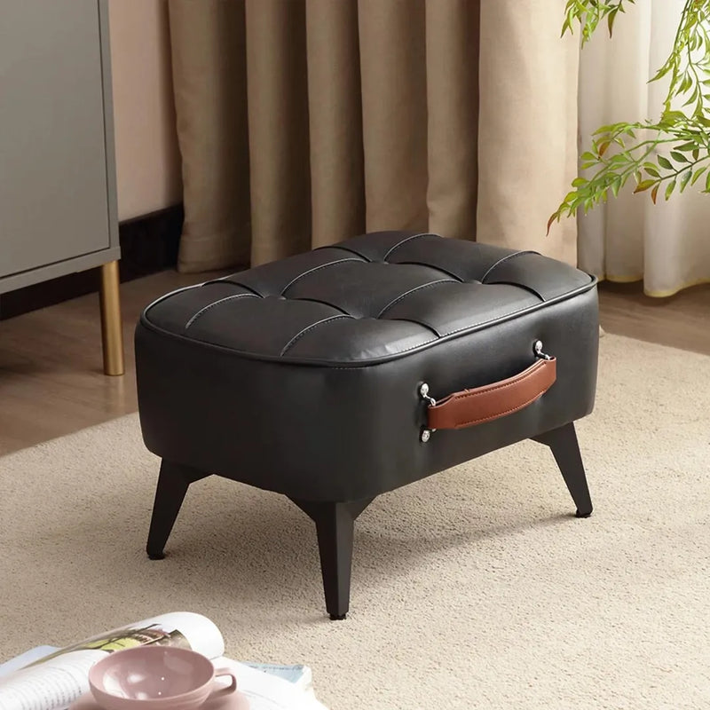 Minimalist Faux Leather Footstool Ottoman - Compact Pouffe Stool and Shoe Bench