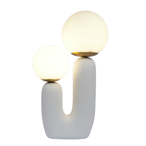 Modern table lamp with two spherical lights on a white background